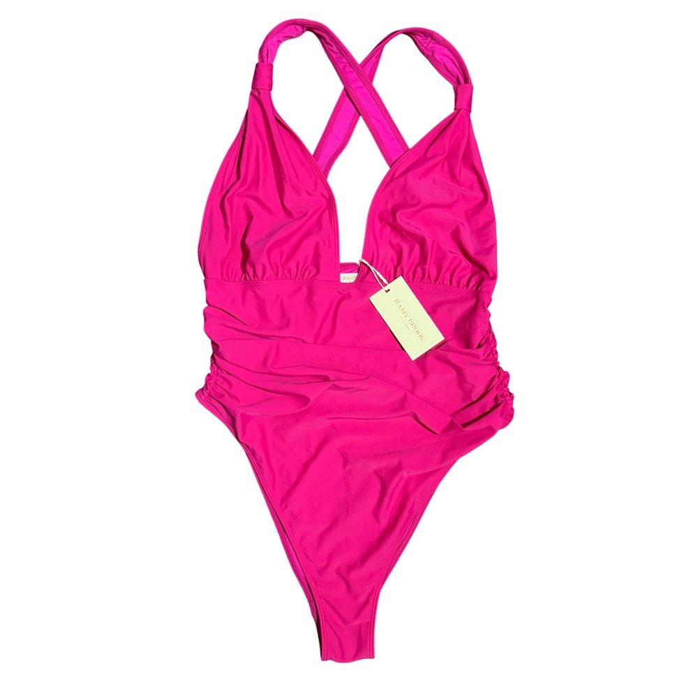 Ramy Brook Haley One Piece Swimsuit Hot Pink Ruched V-Neck Large NEW Resortwear